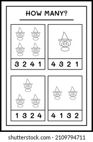 How many Witch, game for children. Vector illustration, printable worksheet