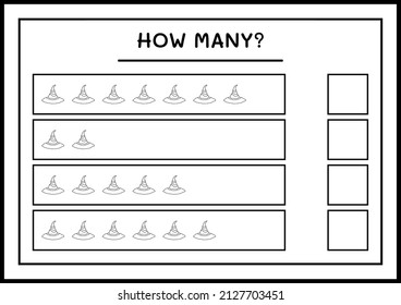 How many Witch Hat, game for children. Vector illustration, printable worksheet