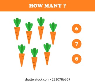 How many, worksheet for kids, carrot, vector. Carrot and numbers.