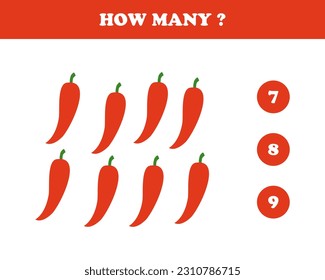 How many, worksheet for kids, pepper, vector. Pepper and numbers.