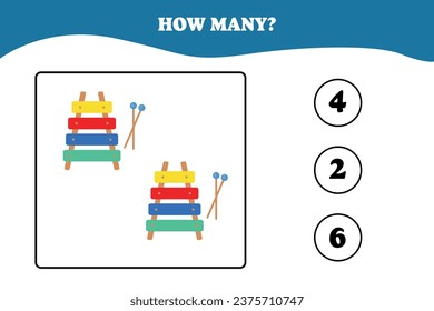 How many xylophone are there? Educational math game for kids. Printable worksheet design for preschool or elementary kids. Activities for children.