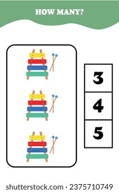 How many xylophone are there? Educational math game for kids. Printable worksheet design for preschool or elementary kids. Activities for children.