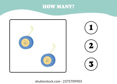 Wie viele Jo-Jo gibt es? Erziehungsmathematik für Kinder. Druckbares Arbeitsblattdesign für Vorschulkinder oder Grundschulkinder. Aktivitäten für Kinder.