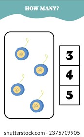 Wie viele Jo-Jo gibt es? Erziehungsmathematik für Kinder. Druckbares Arbeitsblattdesign für Vorschulkinder oder Grundschulkinder. Aktivitäten für Kinder.