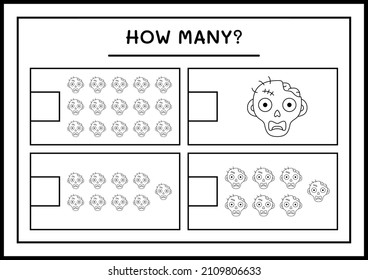 How many Zombie, game for children. Vector illustration, printable worksheet