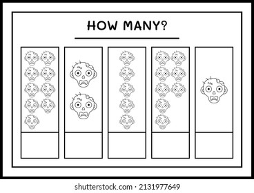 How many Zombie, game for children. Vector illustration, printable worksheet