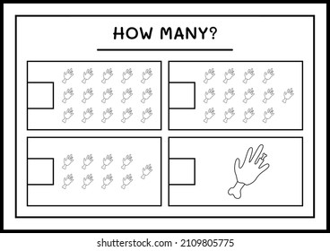 How many Zombie Hand, game for children. Vector illustration, printable worksheet