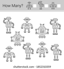 How manyRobots ? Vector illustration of counting game..
