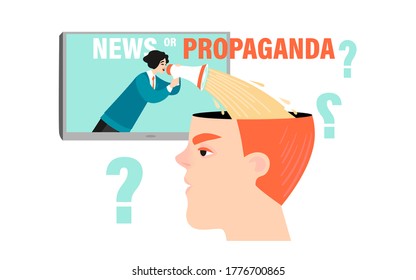 How the media control public opinion. News or propaganda. Conceptual vector image with a huge head and a girl with a megaphone from the TV. Cartoon characters in a flat style.