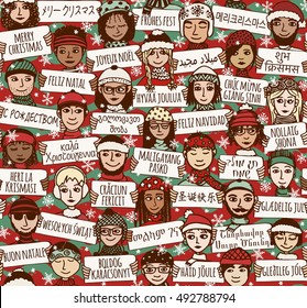 How Merry Christmas is said around the world: seamless pattern of a group of hand drawn people holding signs in different languages: Joyeux Noël, Buon Natale, Feliz Navidad