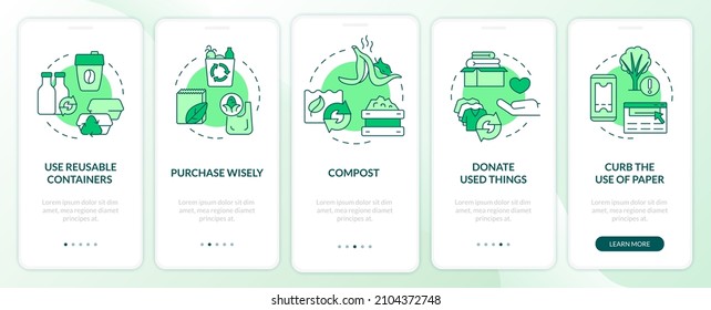How to minimize waste green onboarding mobile app screen. Walkthrough 5 steps graphic instructions pages with linear concepts. UI, UX, GUI template. Myriad Pro-Bold, Regular fonts used