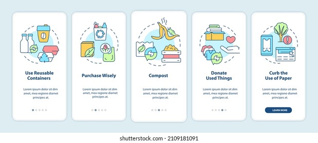 How to minimize waste onboarding mobile app screen. Reuse and reduce. Walkthrough 5 steps graphic instructions pages with linear concepts. UI, UX, GUI template. Myriad Pro-Bold, Regular fonts used