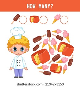 How much cheese and ice cream is next to the little boy cook? Counting educational kids game, kids math activity sheet. Cartoon colored vector illustration.