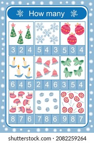 How much! Children's Christmas vector template for activities, kindergarten. Christmas boots, sweets, toys and gifts
