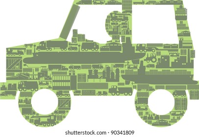 "How much environmentally friendly an environmental friendly car really is?" - A vector cartoon showing a small car silhouette made of the ships, trucks, vans and factories facilitating its production