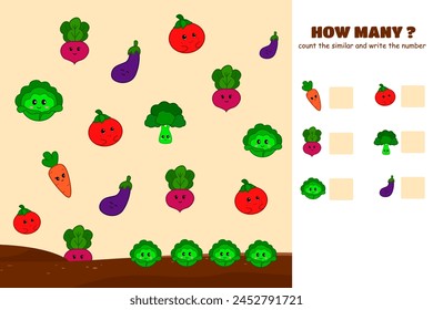 How much is the game. Counting game with different cute vegetables. Cute counter game with illustrations