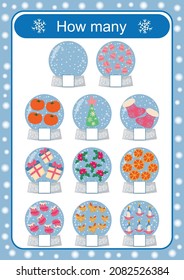 How much! Magic snow balls. New Year's mathematics. Children's Christmas vector template for educational books, kindergarten.