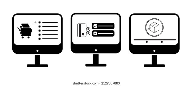 "how to online shopping" via computer minimalist editable icon set with white background