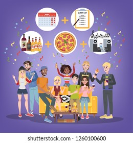 How to organise birthday party. Happy people on celebration with gift box. Pizza and alcohol, music and decoration. Anniversary party. Isolated flat vector illustration