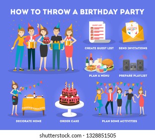 How to organise birthday party. Happy people on celebration with gift box. Cake and alcohol, music and decoration. Anniversary party. Isolated vector illustration in cartoon style