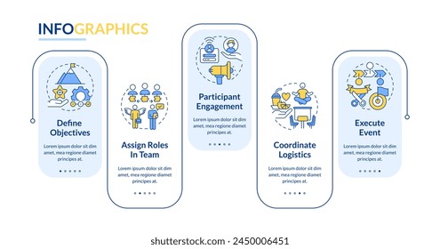 How to organize hackathon blue rectangle infographic template. Data visualization with 5 steps. Editable timeline info chart. Workflow layout with line icons. Lato-Bold, Regular fonts used
