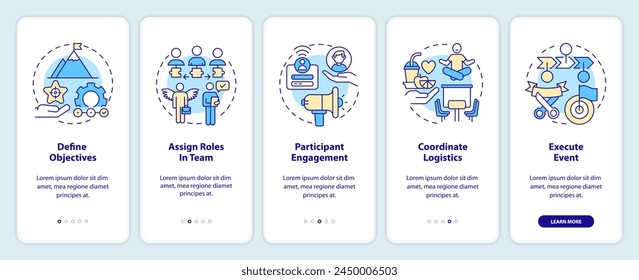 Cómo organizar hackathon en la pantalla del App móvil. Tutorial 5 pasos: instrucciones gráficas editables con conceptos lineales. UI, UX, Plantilla GUI. Myriad Pro-Bold, Fuentes regulares utilizadas