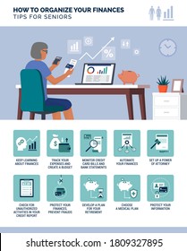 How to organize your finances: financial management tips for seniors, infographic with icons set