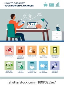 How to organize your personal finances: financial management tips with icons set