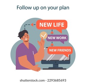 How to overcome neophobia. Therapy plan for coping with neophilia, fear of something new. Character conquer negative emotion and follow up the plan to reach a goal. Flat vector illustration