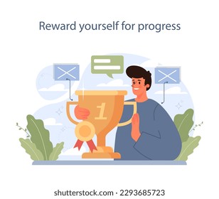 How to overcome neophobia. Therapy plan for coping with neophilia, fear of something new. Male character reward himself for progress, conquering negative emotions. Flat vector illustration