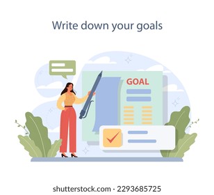 How to overcome neophobia. Therapy plan for coping with neophilia, fear of something new. Character write down his goals to conquer negative emotion about new experience. Flat vector illustration