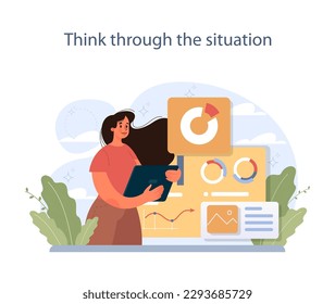 How to overcome neophobia. Therapy plan for coping with neophilia, fear of something new. Female character think through the situation or problem to reach a goal. Flat vector illustration