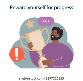 Cómo superar la neofobia. Plan terapéutico para lidiar con la neofilia, miedo a algo nuevo. El personaje masculino se recompensa a sí mismo por el progreso, conquistando emociones negativas. Ilustración vectorial plana