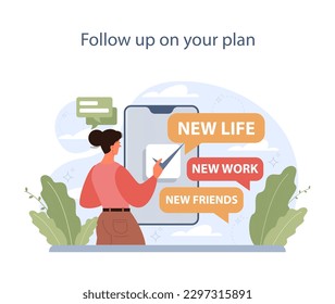 How to overcome neophobia. Therapy plan for coping with neophilia, fear of something new. Character conquer negative emotion and follow up the plan to reach a goal. Flat vector illustration