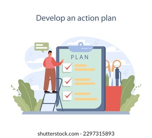 Cómo superar la neofobia. Plan terapéutico para lidiar con la neofilia, miedo a algo nuevo. El personaje masculino conquista la emoción negativa y desarrolla un plan de acción para alcanzar un objetivo. Ilustración vectorial plana