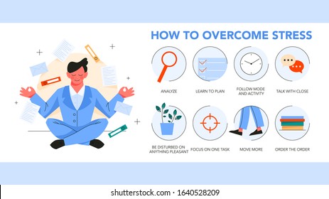 How to overcome stress guide. Depression reduce instruction tips. Making exercise and planning, communication help to reduce stressful state. Isolated flat vector illustration