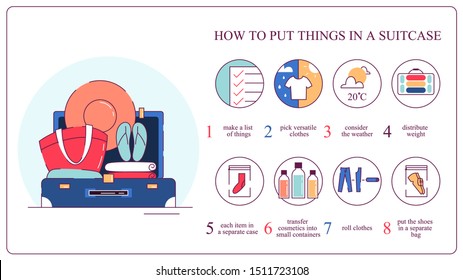 How to pack things in the suitcase. Luggage and clothes, preparing for the journey. Isolated flat vector illustration