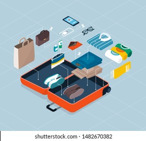 How to pack your suitcase for a travel: how to places items correctly in the trolley case, isometric infographic