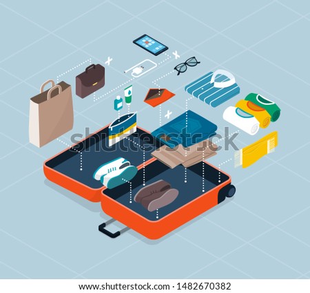 How to pack your suitcase for a travel: how to places items correctly in the trolley case, isometric infographic