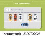How to parking stage 1. Find your empty parking slot. Infographics and educational materials for drivers. Top view of parking lot with vehicles. Cartoon flat vector illustration