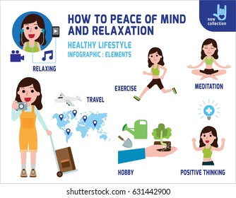 How to Peace and Relaxation. Infographic.
The woman is a healthy activity with meditation.
exercise. positive thinking. 
Medical Halthcare concept. 
Vector flat icon cartoon design illustration.