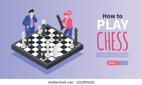 How to play chess isometric horizontal banner with two people and chessboard on color background 3d vector illustration