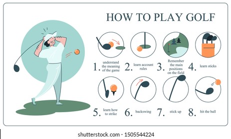 How to play golf guide for beginners. Basic rules . Man player on the field with ball. Golf lesson. Flat vector illustration