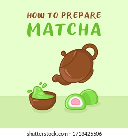 How to prepare matcha tea concept with mochi, teapot, drink. Vector illustration