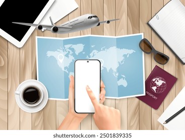 Cómo prepararse para unas vacaciones, viaje, viaje. Planificación de viajes. Reserva de hotel con un smartphone. Mesa de madera con un mapa del mundo, pasaporte, mapa, teléfono inteligente en la mano, avión.