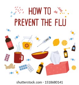 How to prevent the flu concept.Caught cold flu or virus. Ways to treat illness around. Vector isolated objects on white background. Flu treatment object.