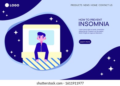How to prevent insomnia landing page template. Man character lying in bed suffers from insomnia. Stress and health problem, sleep disorder, anxiety. Flat style vector illustration