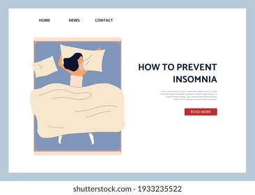 How to prevent insomnia website banner with woman suffers from lack of sleep, flat vector illustration. Health problem of bad sleep and insomnia webpage.