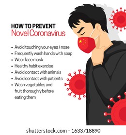 How to prevent Novel Coronavirus infographic poster background design with man wearing red face masker vector flat illustration