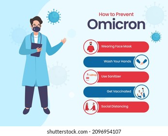 How To Prevent Omicron Like As Wear Mask, Washing Hands, Use Sanitizer, Get Vaccinated, Keep Distance With Doctor Character On Blue Background.